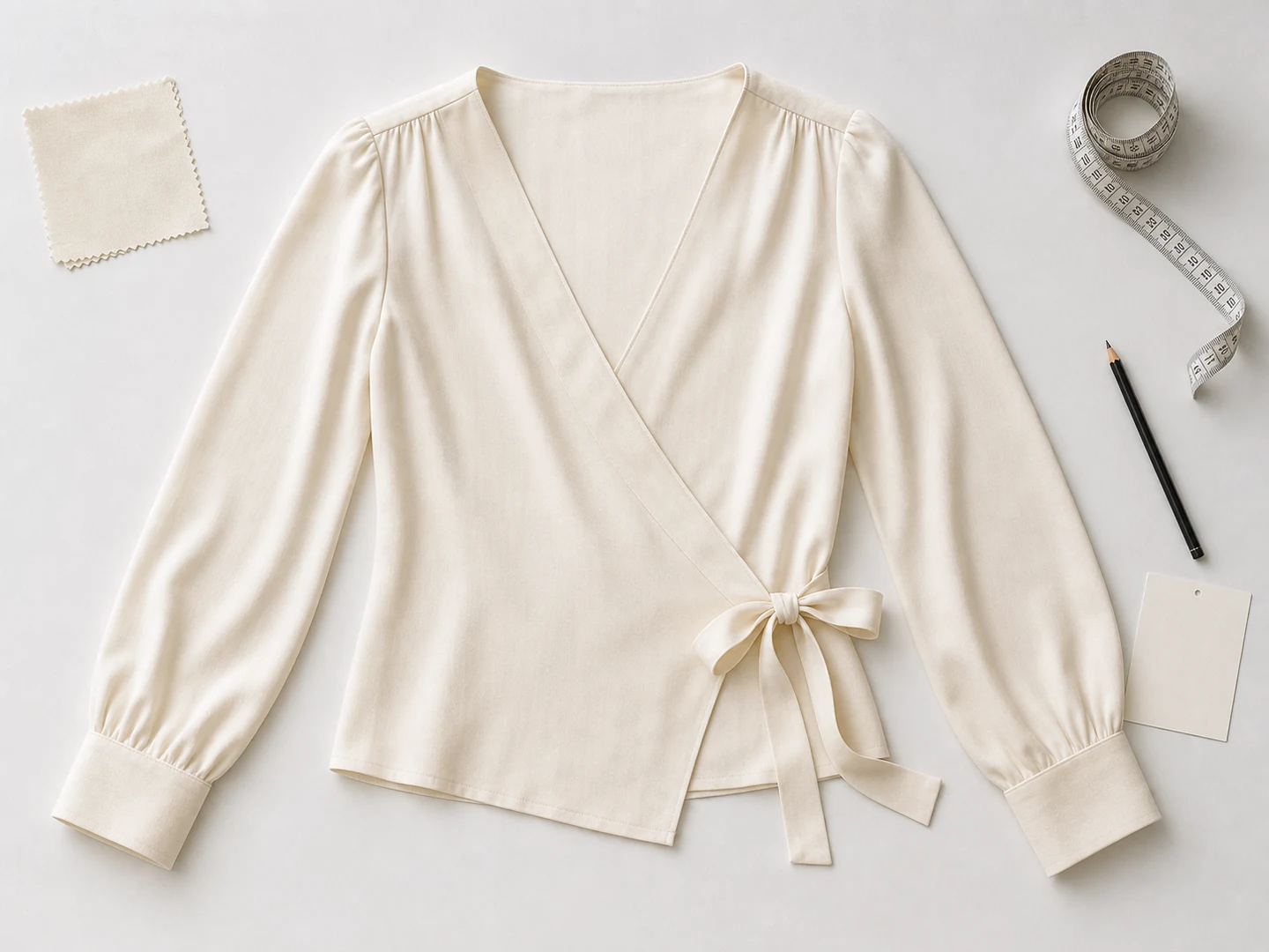 Ivory wrap blouse reference garment prepared for AI clothing line planning