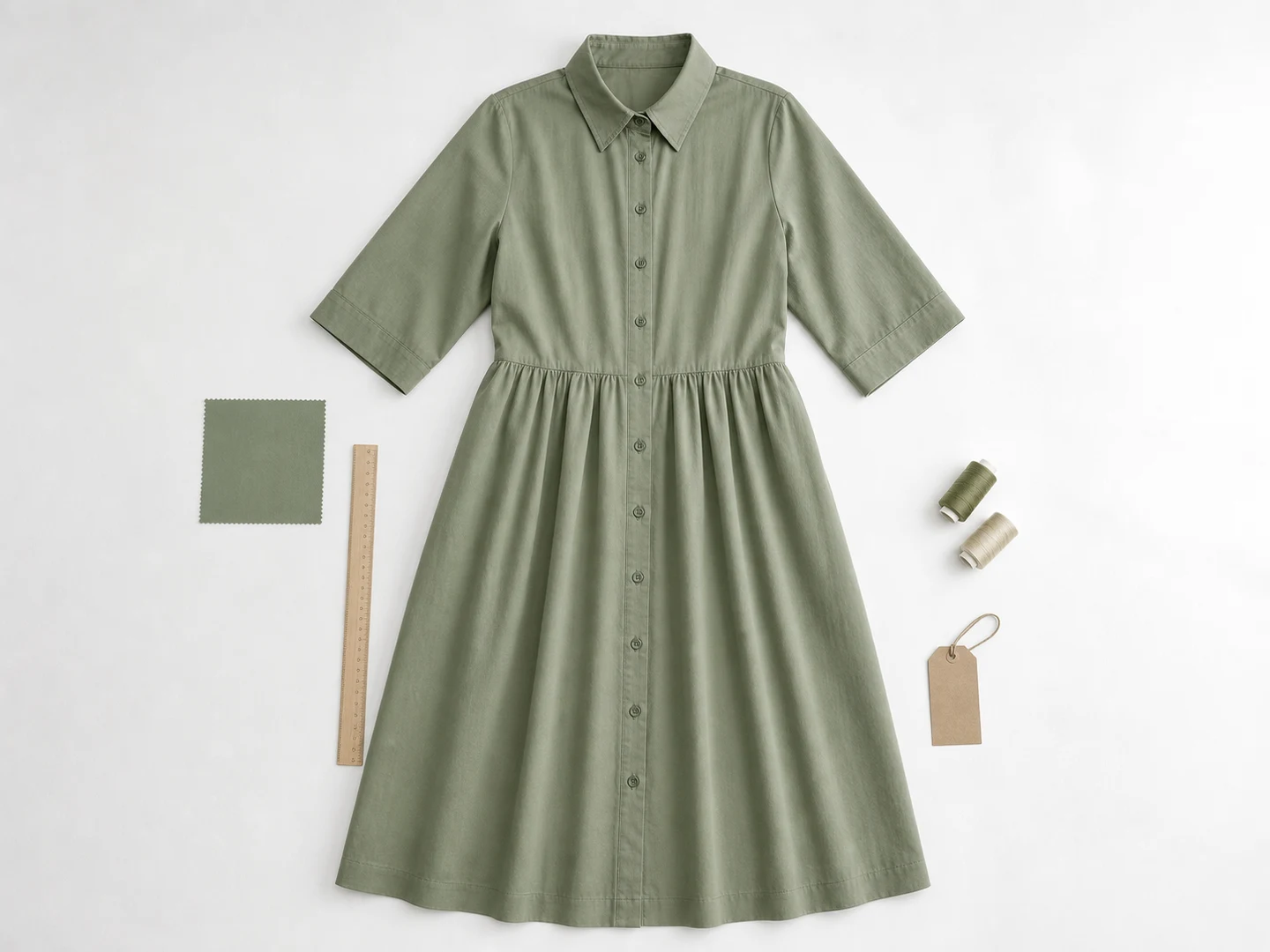 Sage shirt dress reference garment used to plan a first clothing collection