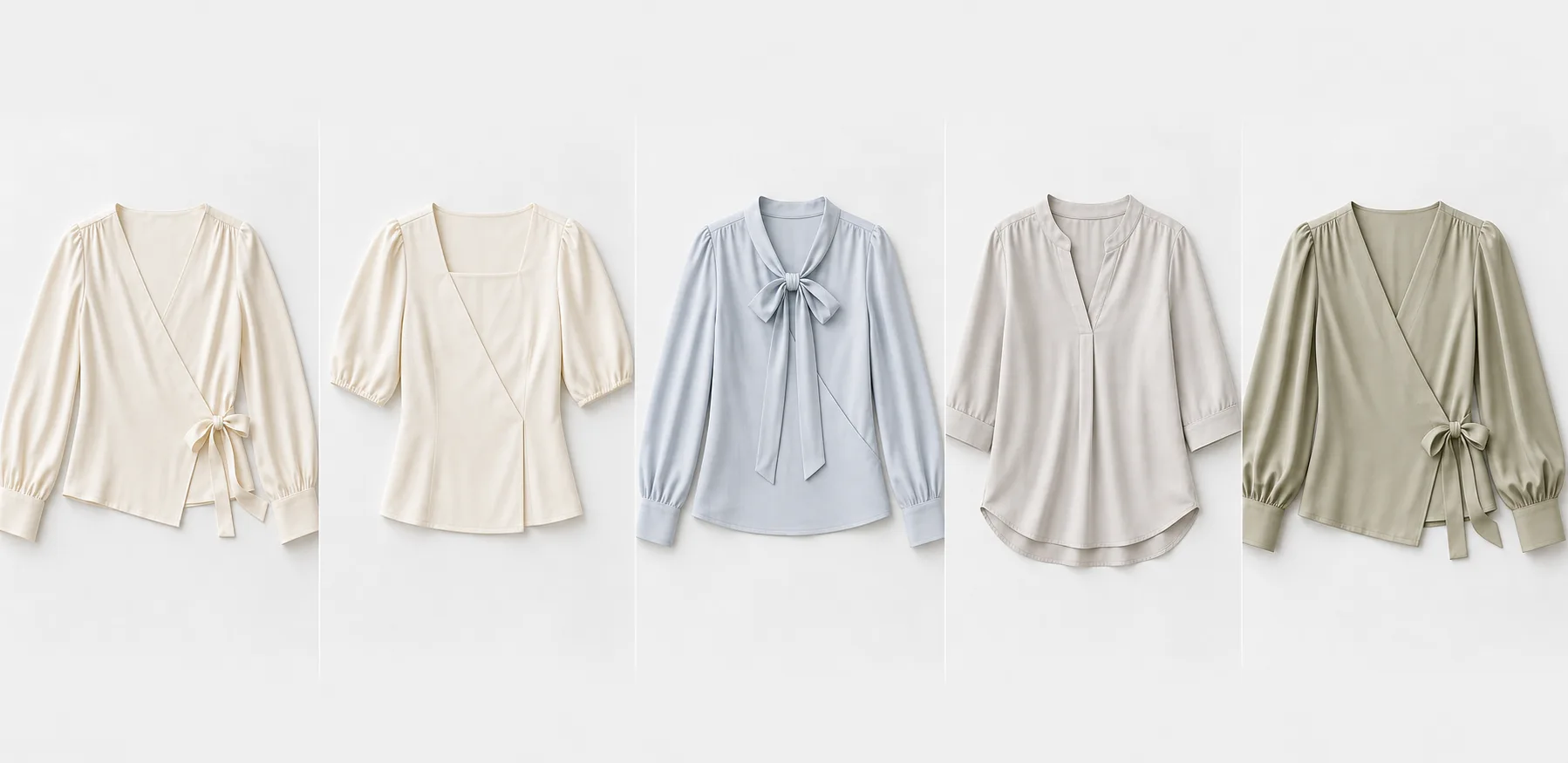 One ivory wrap blouse reference shown beside four related line extension variants