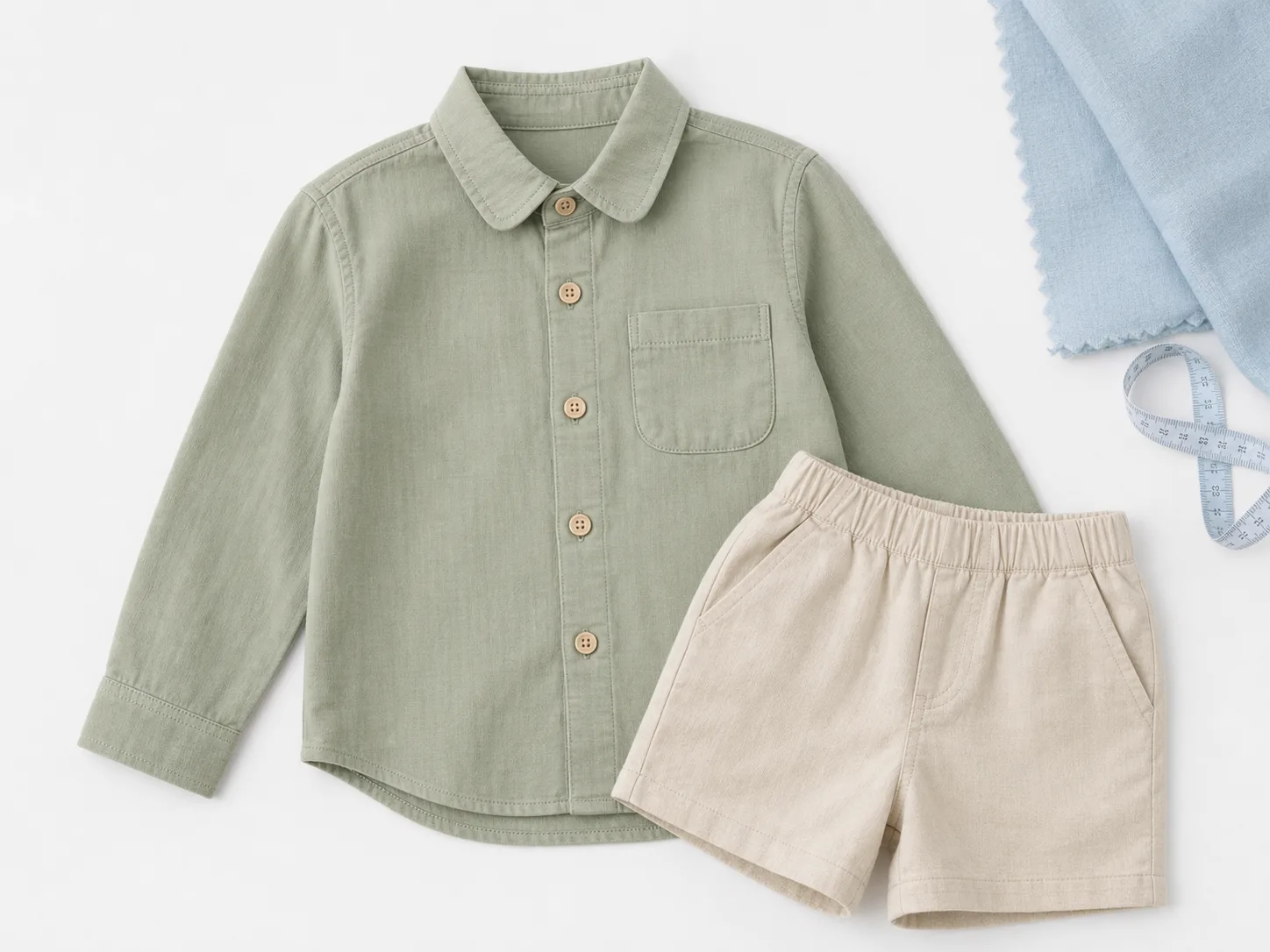 Sage kidswear overshirt and oat shorts prepared as a product development reference